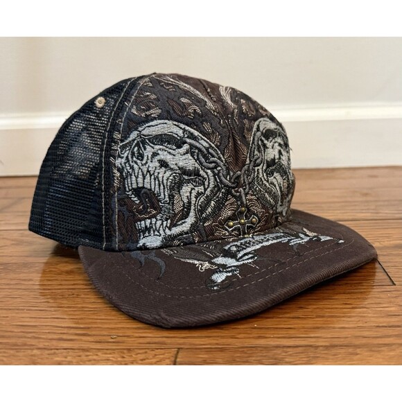 Vintage Affliction Double Skull Chain Cross Trucker Snapback Hat Brown One Size - Picture 1 of 11